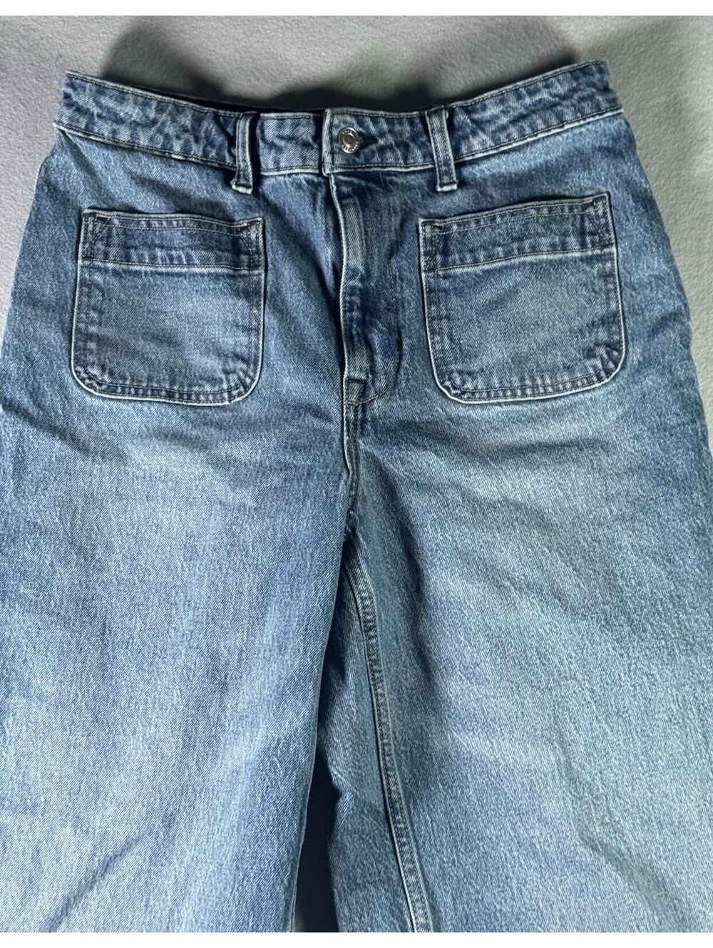 Free Assembly Wide Leg Cropped Utility Jeans Sz 10 Patch Pocket Blue High Rise